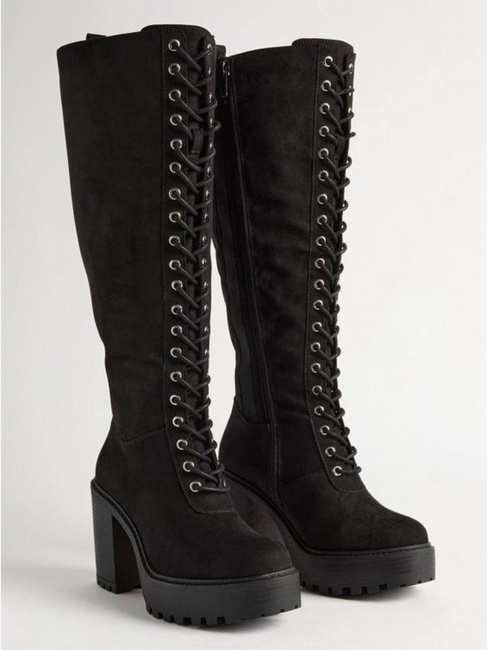 NWOB Torrid Black Lace-Up Heeled Platform Knee High Velour Boots 8WW Glam Rock